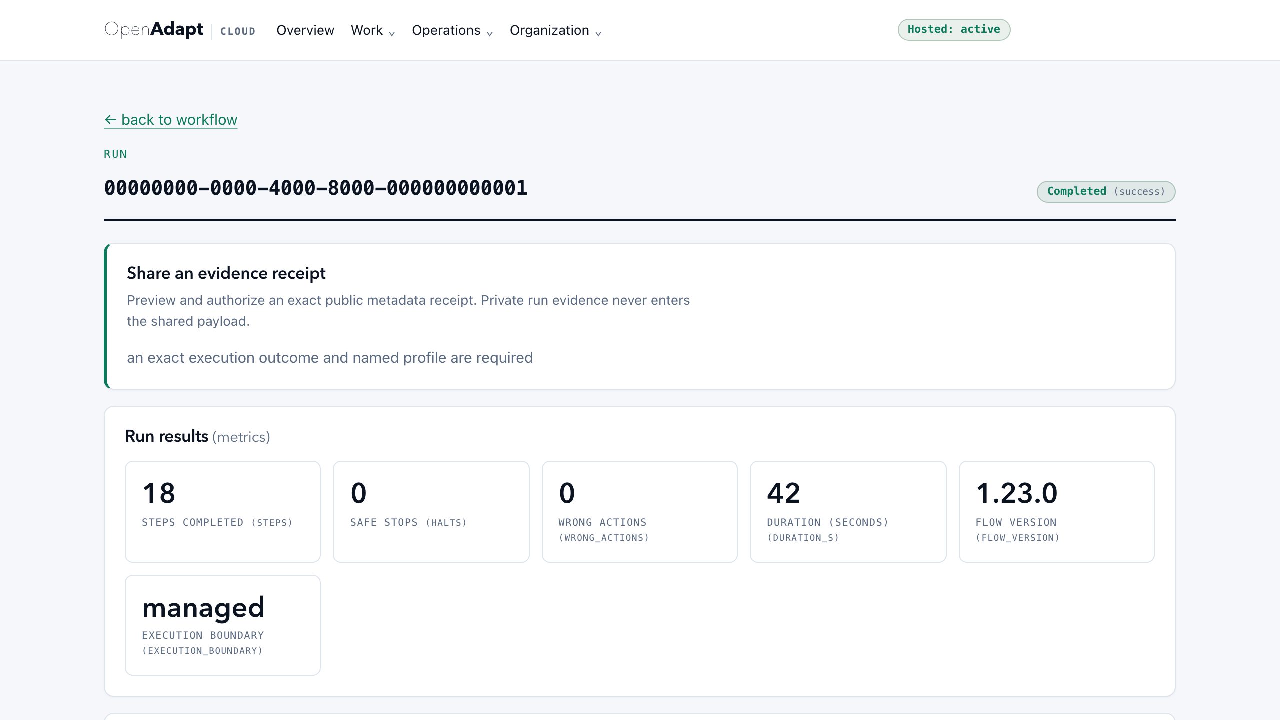 OpenAdapt Cloud run detail showing its evidence-qualified execution outcome and contract counts.