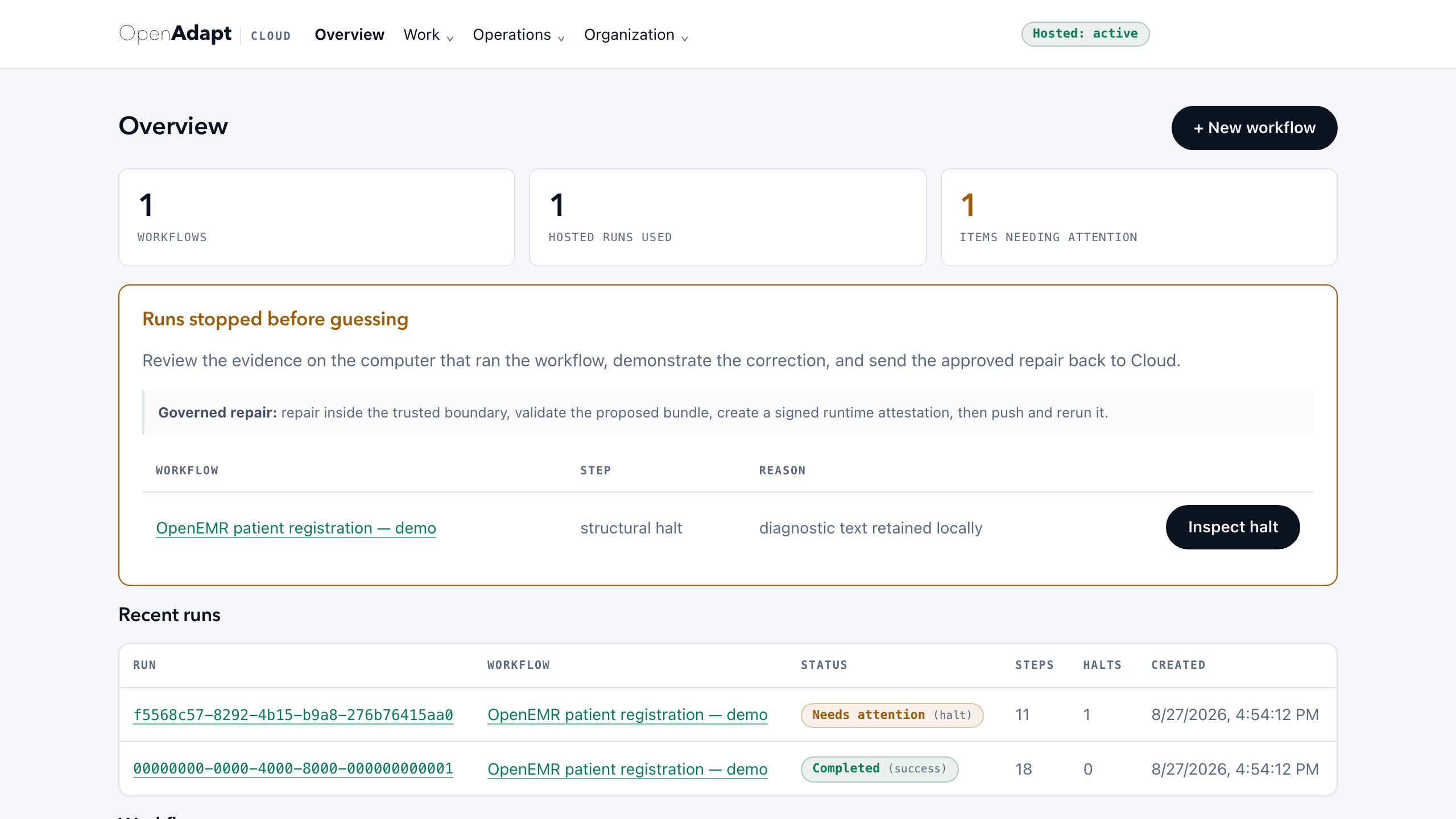 The OpenAdapt Cloud workflows dashboard at app.openadapt.ai: approved workflows, compiled bundle versions, and run history in the real hosted product.